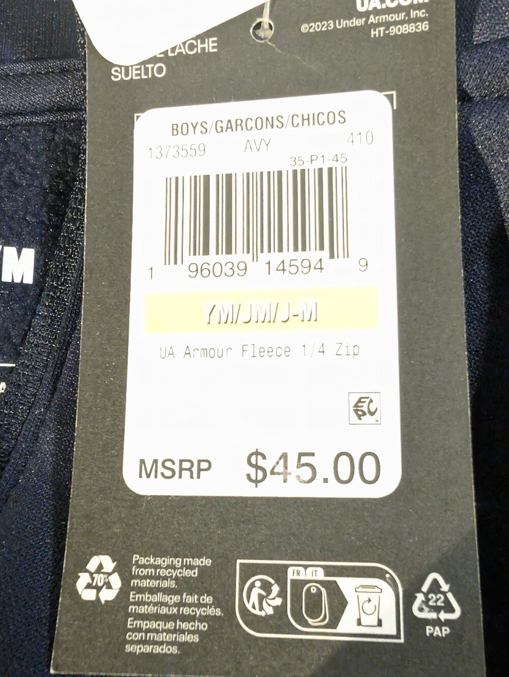 ​🏷️ Under Armour Boys Medium Navy Blue Fleece 1/4 Zip Pullover NWT YM Layers M - Picture 7 of 8